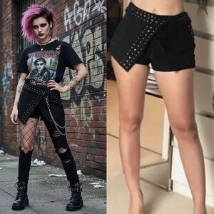 Black Studded Asymmetrical Skort Punk Rock Goth Moto Edgy Wrap Shorts